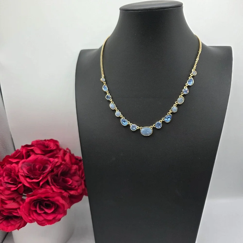 DKNY Gold Tone Blue Crystal Graduated Station Necklace Choker Jewelry Used